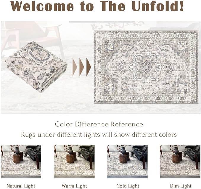LUXRUG Washable Area Rug 8x10 - Large Cream Boho Rugs for Living Room Soft Vintage Bedroom Rug Ultra-Thin Farmhouse Oriental Distressed Carpet Non Slip Rug for Dining Room Guest Room Home Decor