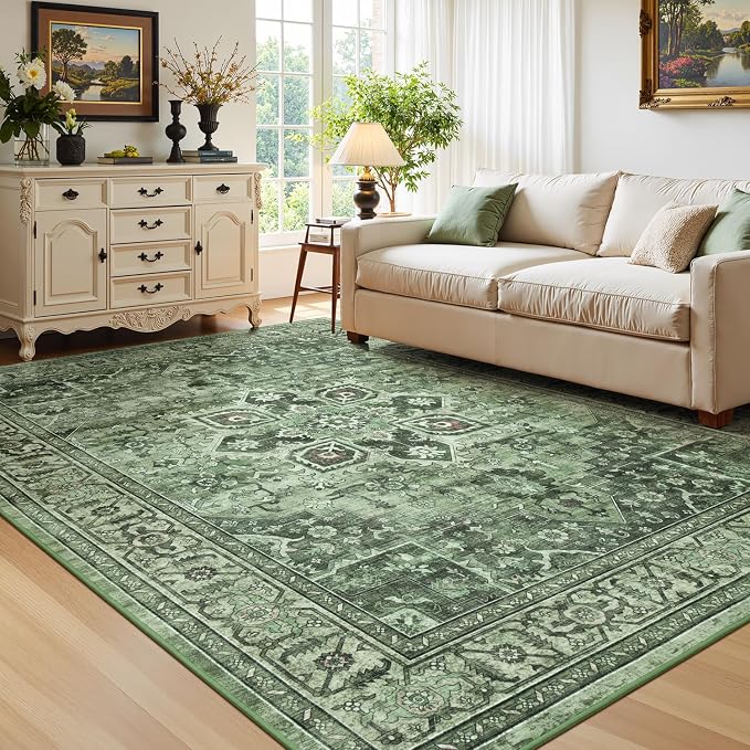 Sage Green Farmhouse 5x7 Living Room Rug - Modern Vintage Moss Green Boho Floral Pastel Area Rugs, Washable Low Pile Non-Slip Carpet for Nursery, Dining, Office, Lounge, Bedroom Foot of Bed