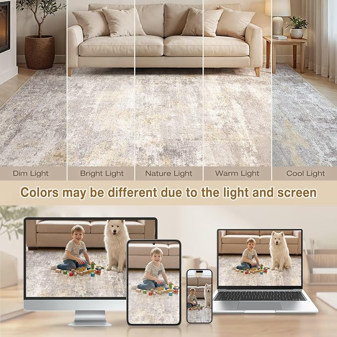cotiled 6x9 Area Rugs Abstract Soft Non Slip Washable Living Room Rug | Stain Resistant, Robot Vacuum & Pet Friendly, Low-pile, For Living Room, Bedroom, Dining Table, Nursery Gold/Grey/Brown