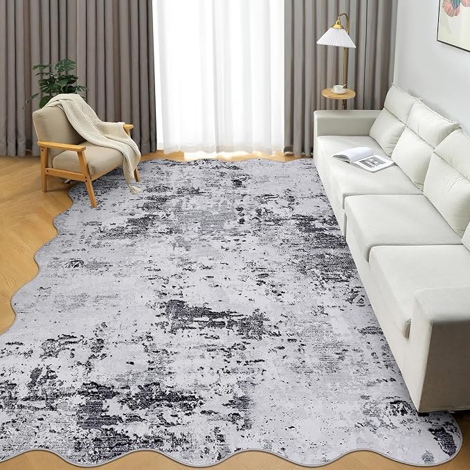 ROYHOME 5x7 Modern Abstract Scalloped Area Rugs Faux Wool Rug Ultra-Soft Low Pile Stain Resistant Machine Washable Carpet for Bedroom with Non Slip Backing, Grey