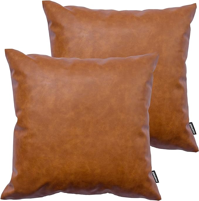 Faux Leather Throw Pillow Covers 22x22 inch, Set of 2 Thick Cognac Brown Modern Solid Decorative Square Minimalist Cushion Cases for Couch Bed Sofa