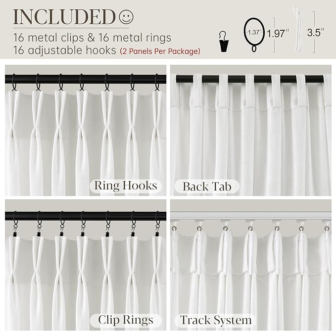 Pinch Pleated Linen Curtains 100 inches Long for Living Room Bedroom Semi Sheer Light Filtering Pinch Pleat Curtain with Hooks for Track Neutral Cream Beige White Privacy Pleated Drapes