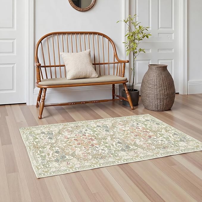 Washable Bathroom Rug 2x4 Non Slip - Sage Green Small Rugs Front Door Rugs Indoor, Vintage Cream Beige Green Floral Style Rug for Kitchen, Laundry, Perfect for Entryway Décor
