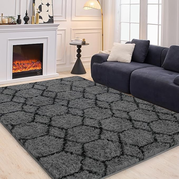 Fluffy Rug for Bedroom, Soft 4x6 Grey Shag Plush Geometric Area Rugs | Modern Grey and Black Rug, Non Slip Carpet for Living Room, Aesthetic Home Decor, Fuzzy Floor Mat for Nursery Teen Dorm