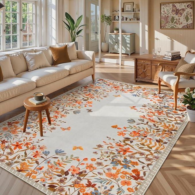 Wonnitar 8x10 Washable Area Rug, Burnt Orange Floral Rug for Living Room, Boho Large Botanical Bedroom Carpet, Non Slip Nursery Rug, Farmhouse Dining Room Decor (8x10 Orange)