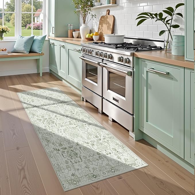Sage Green 2x5 Runner Rug for Hallways Bed Side Kitchen, Boho Washable Distressed Low-Pile Floor Entryway Long Bathroom Mat, Non-Slip Laundry Room Washstand Front Carpet Green 24x60 Inch