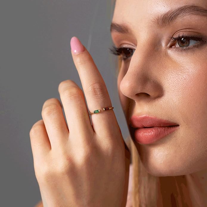 JSJOY Birthstone Rings for Women Dainty Emerald Blue Ring Birthday Gifts for Mom Her Gemstones CZ Ring for Teens Gold Rings That Don't Tarnish Adjustable Ring Jewelry Gifts