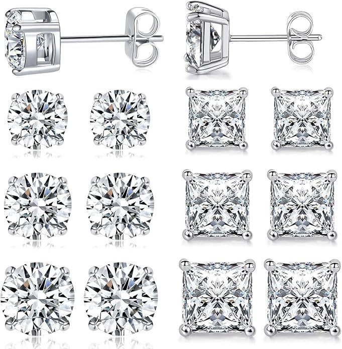 MDFUN 6 Pairs Stud Earrings Set 3mm/5mm/7mm Princess & Round Cubic Zirconia Earrings Hypoallergenic 316L Surgical Stainless Steel CZ Earrings for Women Men
