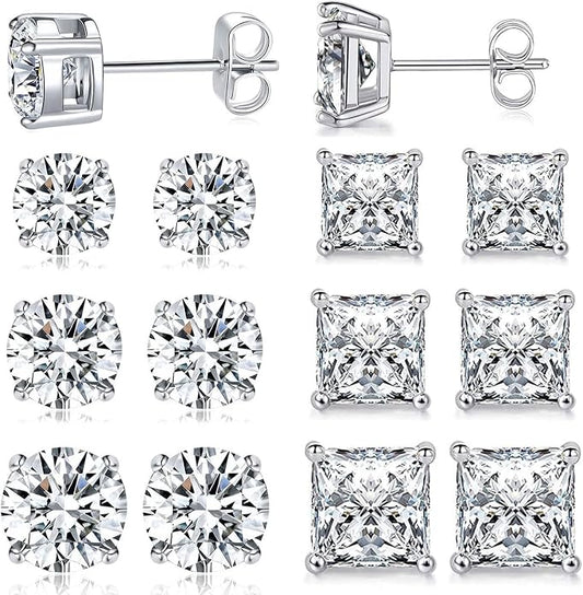 MDFUN 6 Pairs Stud Earrings Set 3mm/5mm/7mm Princess & Round Cubic Zirconia Earrings Hypoallergenic 316L Surgical Stainless Steel CZ Earrings for Women Men