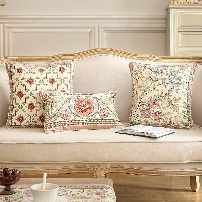 patdrea Designer French Velvet Throw Pillow Cover,Set of 4,-Kulom ABCA | Elegant Vintage Lumbar Pillow Case,Pink Floral and Leaves Pattern,Decorative Pillow Cover for Couch Living Room Bedroom
