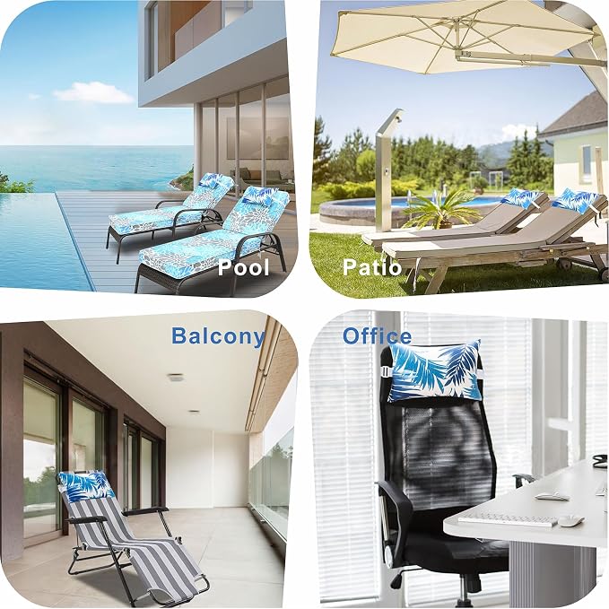 JMGBird Outside Pillows Blue Outdoor Pillows with Adjustable Straps | 10x16 Waterproof Outdoor Pillow covers with insert 4 Throw Pillows Headrest Cushions for Pool Patio Beach Chair
