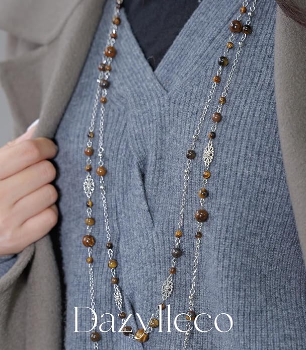 Long Beaded Silver Necklaces for Women Layered Long Statement Necklace with Stone Pearl Beads Double Sweater Chain Costume Jewelry for Women