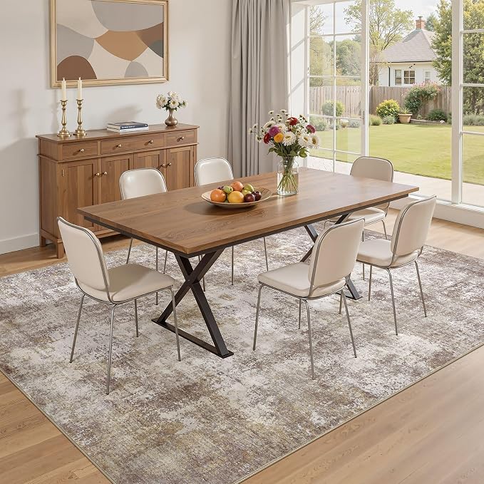 8x12 Rugs for Living Room, Washable Non Slip Bedroom Large Area Rug | Neutral Modern Abstract Carpet, Stain Resistant Low Pile, Made for Farmhouse Dining Room, Nursery, Home Office - Gold Brown