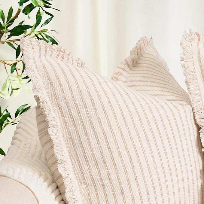 ZWJD Throw Pillow Covers 18x18 Set of 2 Striped Pillow Covers with Fringe Chic Cotton Decorative Pillows Square Cushion Covers for Sofa Couch Bed Living Room Farmhouse Decor, (Khaki)