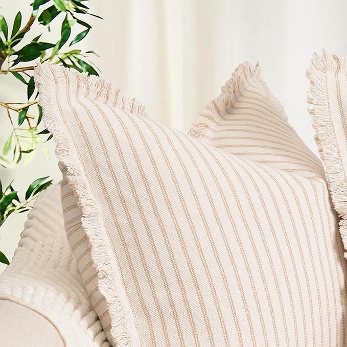 ZWJD Throw Pillow Covers 20x20 Set of 2 Striped Pillow Covers with Fringe Chic Cotton Decorative Pillows Square Cushion Covers for Sofa Couch Bed Living Room Farmhouse Decor, (Khaki)