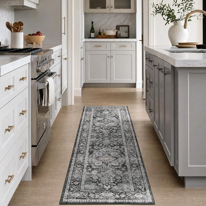 AMOAMI-2X6 Runner Rug-Washable Runners for Hallways-Soft Non Slip Bedside Rugs for Bedroom-Vintage Long Rug for Hallways Entryway Laundry Room Stair Kitchen Bathroom Dark Grey & Black
