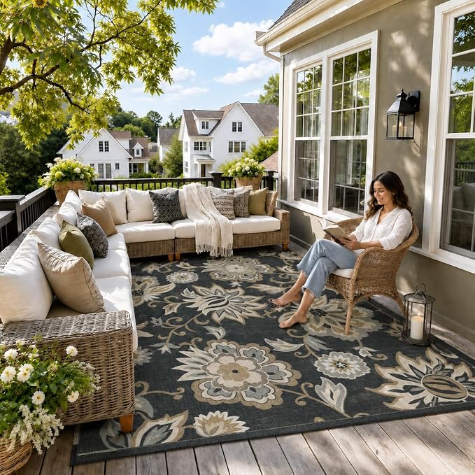 Lahome Black Outdoor Rug 8x10, Non Slip Indoor Outdoor Patio Rug for Camping, Portable Large Outdoor Rugs for Balcony Deck Backyard, RV Mat Outdoor Carpet for Living Room Bedroom,Black
