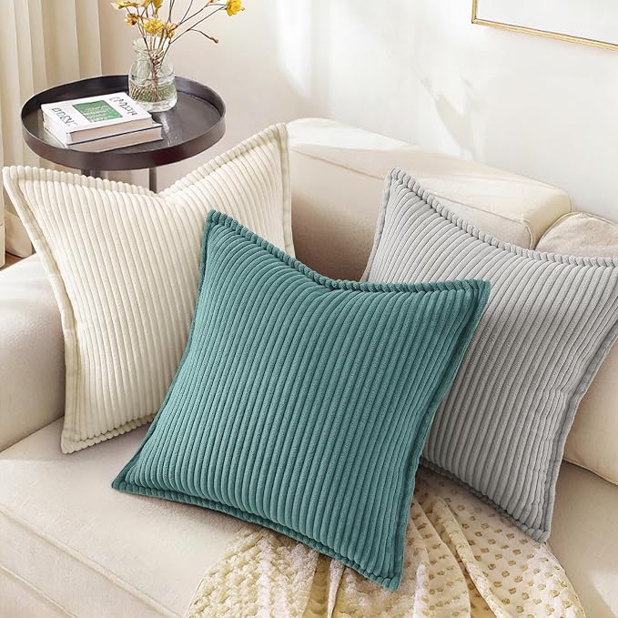 decorUhome Fall Corduroy Turquoise Throw Pillow Covers 12x20 Set of 2 | Lumbar Couch Decorative Soft Modern Boho Farmhouse Pillow Covers Broadside Striped Pillow Cases for Living Room Bed Sofa