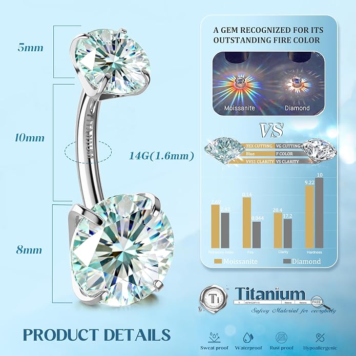 GEMQUEEN Moissanite ＆ G23 TItanium Belly Button Ring 18K Gold Plated Hypoallergenic Internally Threaded Belly Rings 14G Navel Piercing Jewelry For Women Men D Color VVS1 Clarity Brilliant Cut