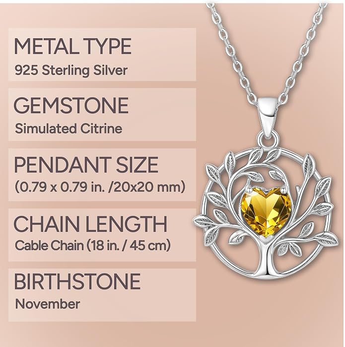 ADITA GOLD Tree of Life Necklace for Women, 925 Sterling Silver Birthstone Pendant, Simulated Gemstone, Jewelry