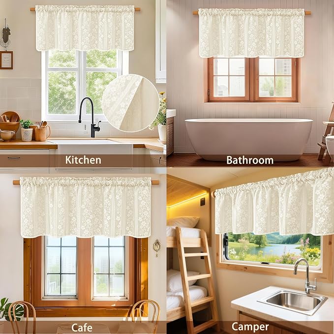 ASPMIZ Linen Valances for Windows Double Layers Valance Curtains Farmhouse Kitchen Curtains with Lace, Short Rustic Curtain for Bathroom Window, Kitchen, Cafe, 52 x 18 Inch Rod Pocket 1 Panel, Beige