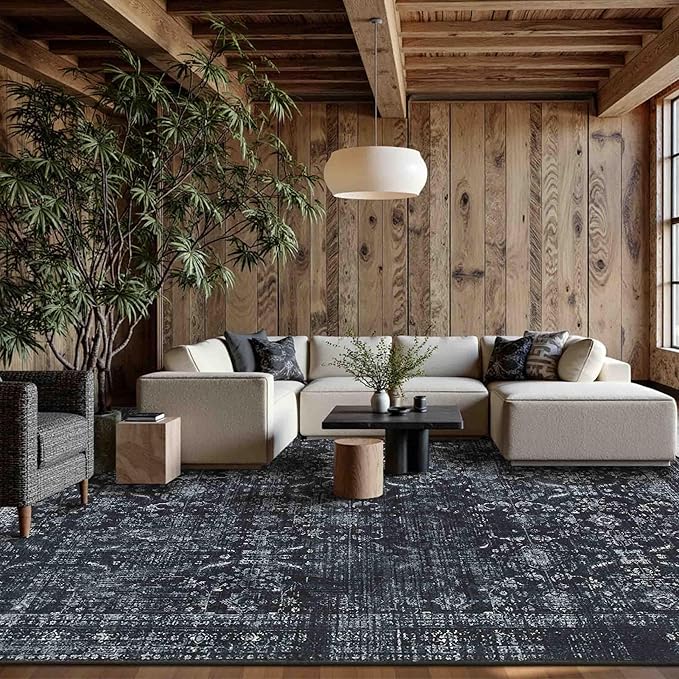 Rugxara Black 9x12 Area Rugs for Living Room Bedroom Large Washable Rug | Non Slip, Rug for Dining Room Office Farmhouse, Stain Resistant, Soft, Low Pile, Vintage Boho Retro Carpet, Home Decor