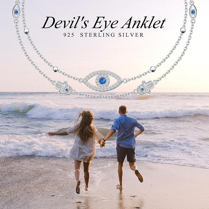 Ladytree S925 Sterling Silver Boho Beach Double Layer Anklets Bracelet for Women Adjustable 9 to 11 inches