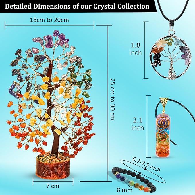 7 Chakra Healing Crystal Gift Set - Premium 300-Bead Gemstone Money Tree, Protection Bracelet & 2 Pendant Necklaces - Complete Feng Shui Meditation Kit for Home Decor, Good Luck & Spiritual Healing