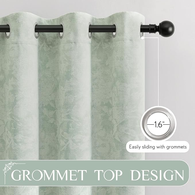 Beauoop Green Floral Jacquard Blackout Curtains for Bedroom 52x108 2 Panels | Flower Chenille Room Darkening Drapes for Living Room 108 Inch Long Thermal Insulated Soundproof Window treatment Grommet