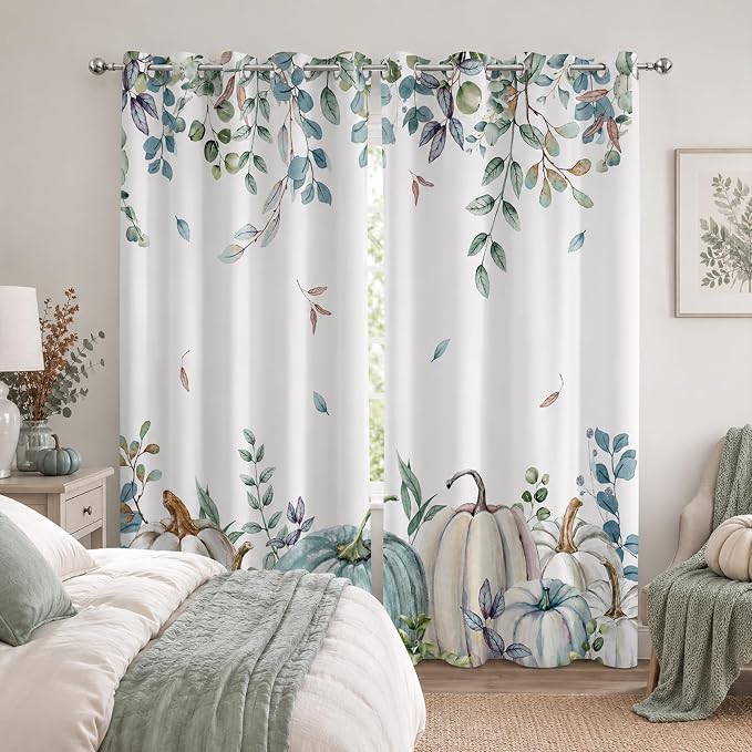 Blue Pumpkin Window Curtains 52 x 63 in, Fall Farmhouse Drapes with White Pumpkin Eucalyptus Leaf Print, Watercolor Autumn Curtains for Bedroom Living Room