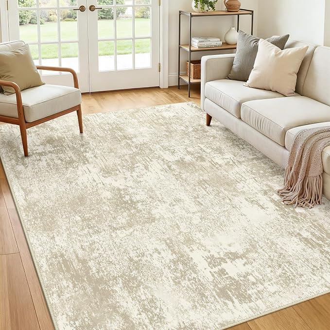 RELEANY Washable Area Rugs 9'x12' Non-Slip Modern Abstract Soft for Living Room Entryway Bedroom Kitchen, Print Pattern, Beige Cream Brown