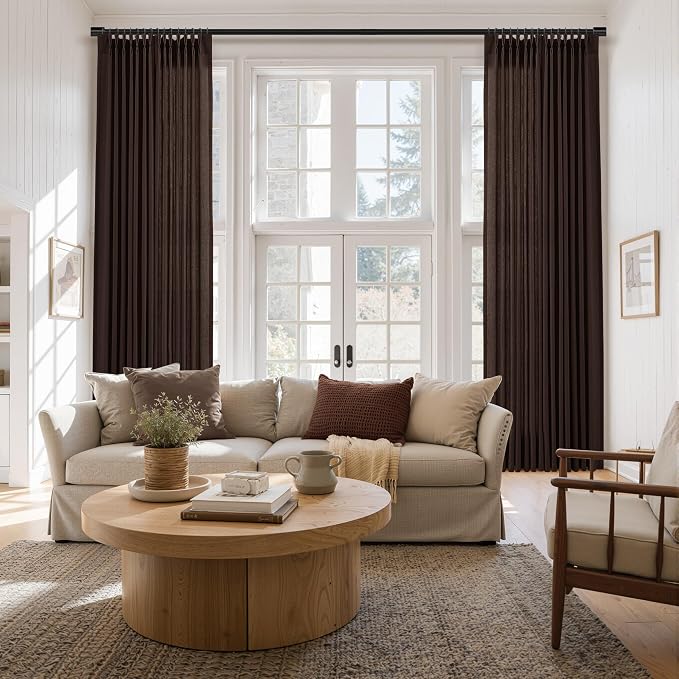 Aersas Coffee Brown Pinch Pleated Linen Curtains 102 Inches Long for Living Room Pleat Drapes Hooks Back Tab Neutral Boho Farmhouse Country Semi Sheer 102 Inch Curtain for Dining Bedroom