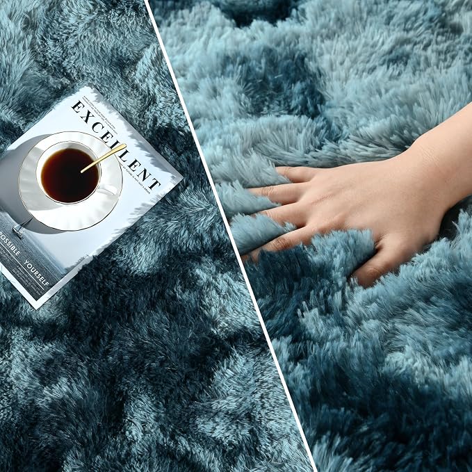 Deerhoo Large Shag Area Rugs 6 x 9, Tie-Dyed Plush Fuzzy Rugs for Living Room, Ultra Soft Fluffy Furry Rug for Bedroom, Indoor Carpet Nursery Rugs for Kids Room Home Decor, Peacock Blue