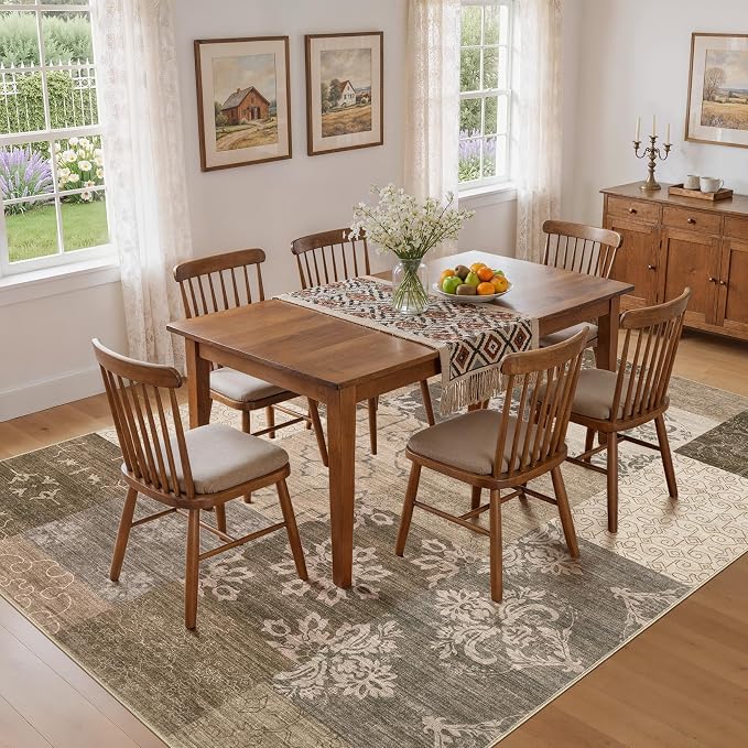 UERMEI 10x12 Area Rug for Living Room, Washable Brown Modern Geometric Patchwork Non Slip Stain Resistant Low Pile Foldable Carpet for Bedroom Dining Farmhouse Home Office