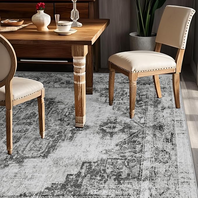 Area Rug 5x7 Vintage Rugs: Washable Indoor Medallion Rug Low Pile Distressed Floor Carpet Retro Accent Rugs for Living Room Bedroom Kitchen Dining Table Home Office(Black, 5'x7')