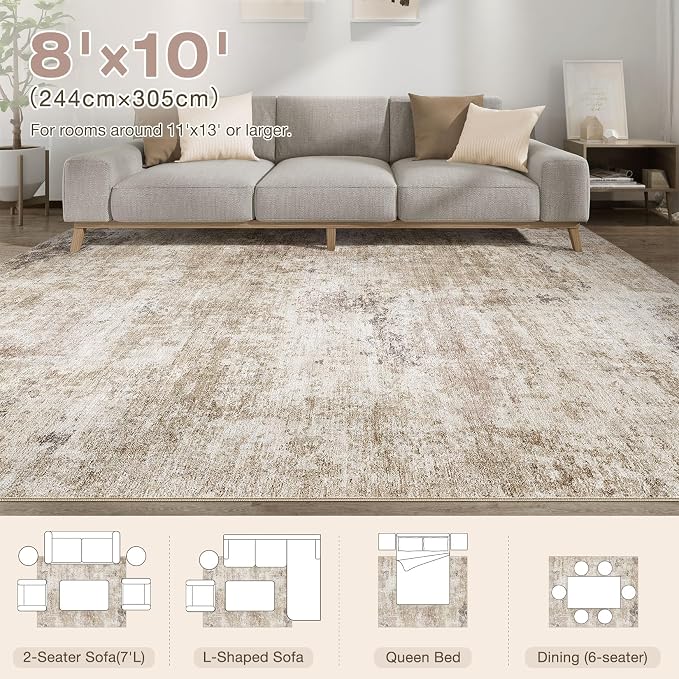 Abstract 8x10 Area Rug: Machine Washable Non Slip Ultra Thin Low-Pile Carpet, Soft Stain Resistant for Living Dining Room Bedroom, Kid Pet Friendly, Robot Vacuum Compatible - Brown