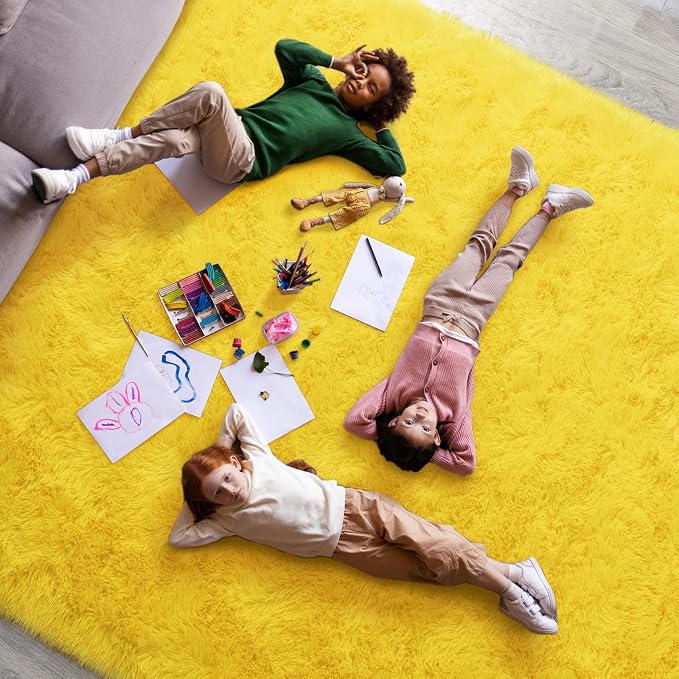 Dssimo Yellow Rug for Bedroom Living Room, 8x10 Soft Shaggy Area Rugs | Large Plush Fluffy Upgrade Non-Slip Yellow Area Rug for Nursery Kids Room Dorm Room Home Decor, Indoor Plush Floor Carpet