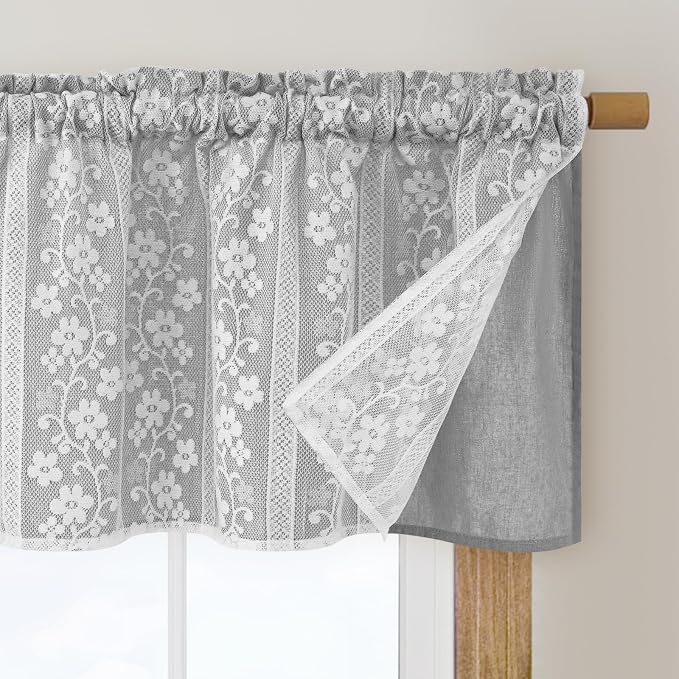 ASPMIZ Linen Farmhouse Kitchen Curtains, Double Layered Valances for Windows with Linen and Lace, Rustic Curtains for Bathroom Window, Kitchen, Cafe Curtain 18 Inch Length Rod Pocket, 52 x 18, Grey