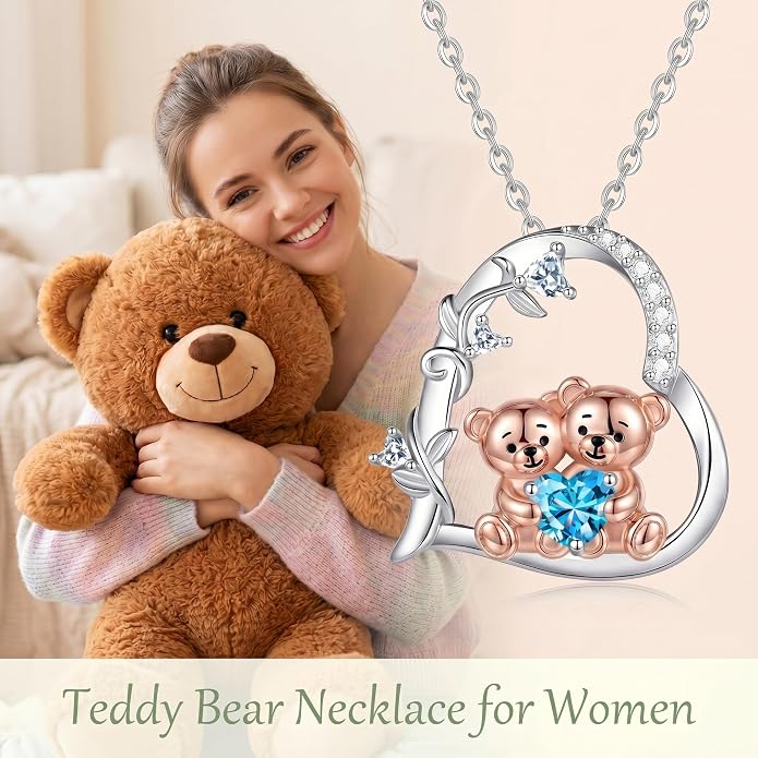 PELOVNY Teddy Bear Necklace for Women 925 Sterling Silver Bear/Highland Cow/Fox/Cat/Axolotl Birthstone Necklace Christmas Birthday Jewelry Gifts for Mom Daughter Wife Sister