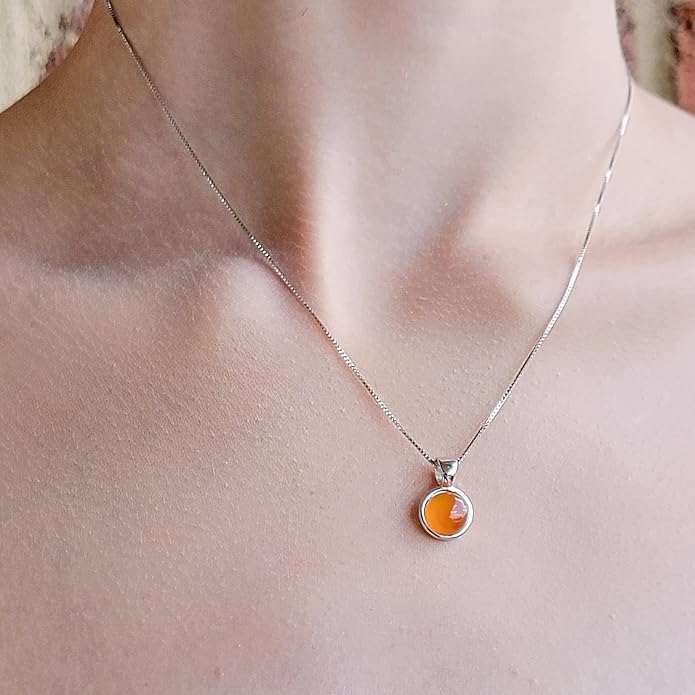 Natural gemstone 8mm round pendant with white gold over 925 sterling silver bezel cabochon plate and box chain, real genuine dainty birthstone gift for her, uniquelan jewelry