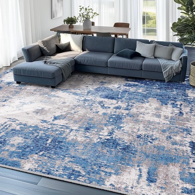 RELEANY Washable Area Rugs 7'x9' Non-Slip Modern Abstract Soft for Living Room Entryway Bedroom Kitchen, Print Pattern, Blue Grey Navy Gray