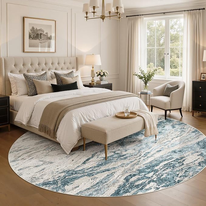 Area Rugs for Living Room: 8ft Round Abstract Washable Rug Modern Neutral Large Soft Stain Resistant Non-Slip for Bedroom Dining Room Indoor Home Office Carpet - Blue Brown