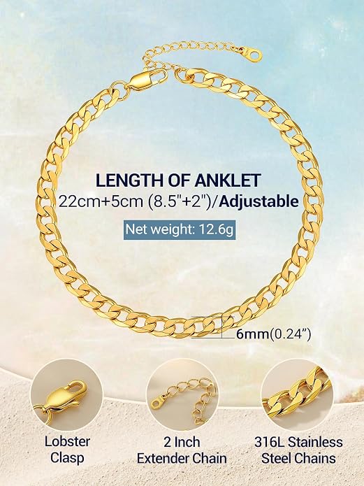 PROSTEEL Gold/Silver Anklets for Women Waterproof, 14K Gold Plated Ankle Bracelet Non Tarnish, Jewelry Gifts Adjustable