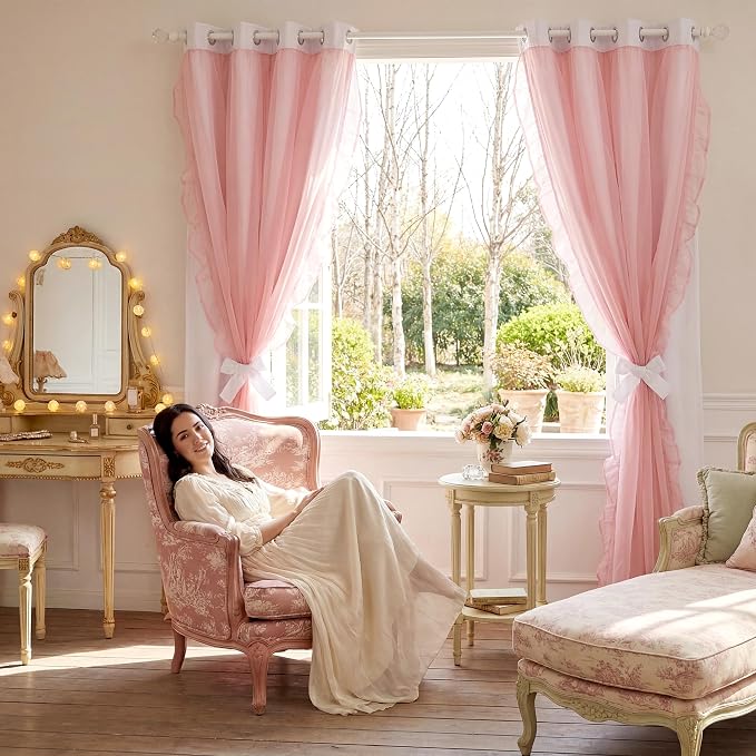 PONY DANCE Shabby Chic Curtains for Bedroom Double Layer Ruffle Sheer Overlay with Tiebacks French Country Drapes for Room Decor, 52" W x 84" L, White-Pink, 2 Pieces