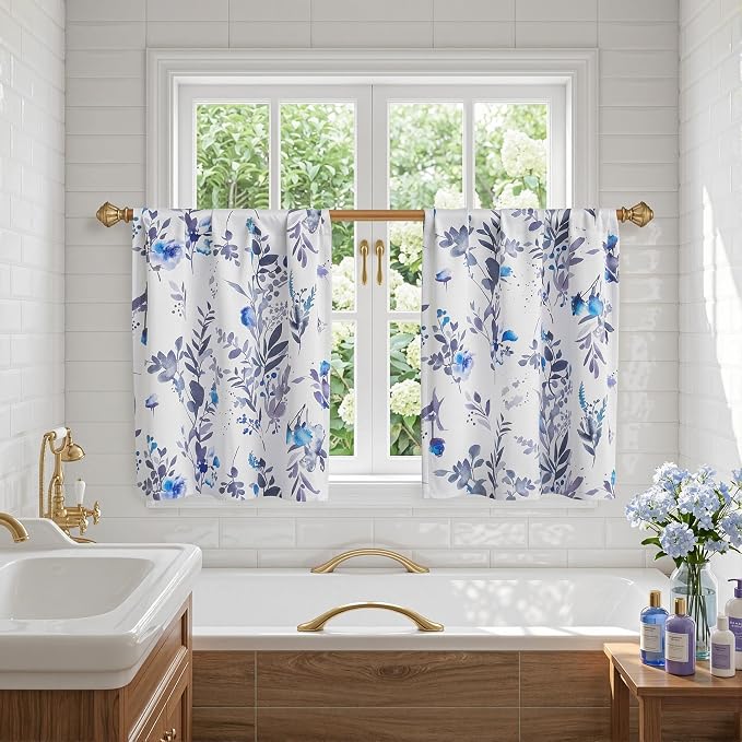 MYSKY HOME Floral Tier Curtains Over Sink 30 Inch Long Set of 2 - Short Blackout Half Window Curtains with Rod Pocket for Kitchen, Cabinet, Basement, Camper, Blue, 30 inch Wide