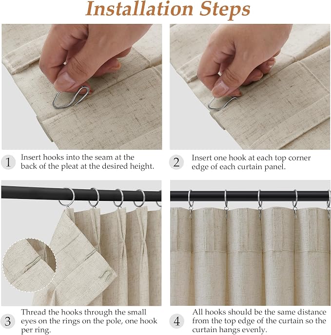 Aersas Warm Beige Linen Pinch Pleated Long Curtains 108 Inches for Living Room Light Filtering Semi Sheer Modern Boho Drapes Window Treatments Set of 2, 40 Inch Width x 108 Inch Length