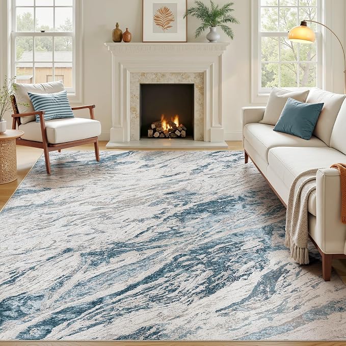 Area Rugs for Living Room: 7X9 Abstract Washable Rug Modern Neutral Large Soft Stain Resistant Non-Slip for Bedroom Dining Room Indoor Home Office Carpet - Blue Brown