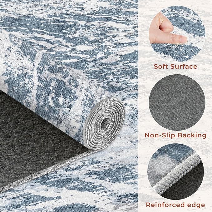 DMOYEST 8ft Round Washable Area Rug for Living Room: Modern Abstract Neutral Circle Carpet, 8x8 Soft Low Pile Non-Slip Floor Mat for Bedroom Under Dining Table, Kids & Pet - Blue