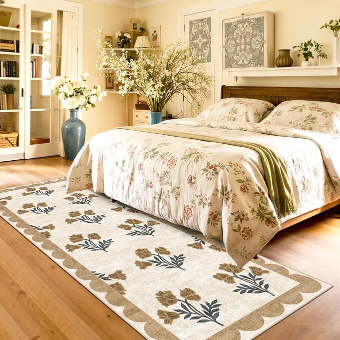 Non Slip Washable Kitchen Runner Rug - 2x6 Beige Floral Hallway Runner Rugs Soft Boho Runners for Hallways Vintage Farmhouse Scalloped Laundry Room Rug Floor Rugs for Bedroom Entryway Bathroom