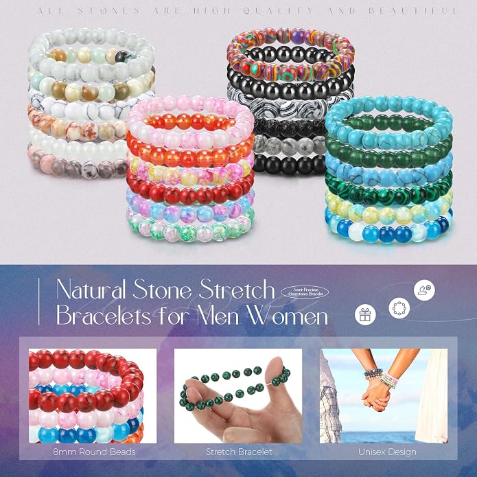Landical 24 Pcs Gemstones Beaded Bracelets Bulk for Women Men 8mm Stretch Round Semi Precious Stone Bracelets Set